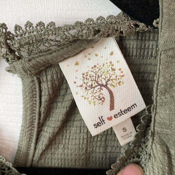 Self Esteem Blouse Women’s Size Small Short Sleeve Tie Bottom Lace Keyhole Green - Picture 2 of 11